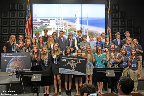 Student Space Flight teams at NASA Wallops - Will Refly on SpaceX CRS 5.   Science experiments from these students representing 18 school communities across  America were selected to fly aboard the Orbital Sciences Cygnus Orb-3 spacecraft bound for the ISS and which were lost when the rocket exploded uexpectedly after launch from NASA Wallops, VA, on Oct. 28, 2014, as part of the Student Spaceflight Experiments Program (SSEP).  The students pose here with SSEP program director Dr. Jeff Goldstein prior to Antares launch. The experiments will be re-flown aboard SpaceX CRS-5.  Credit: Ken Kremer - kenkremer.com