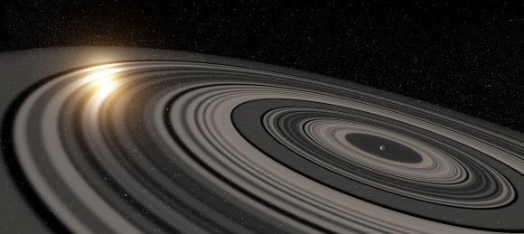 Illustration by artist Ron Miller of the gigantic ring system around J1407b. (© Ron Miller)