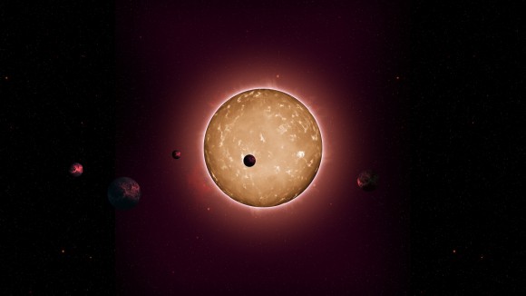 An artist rendition of Kepler-444 planetary system, which hosts five planets, all smaller than Earth. Credit: Tiago Campante,  University of Birmingham, UK. 