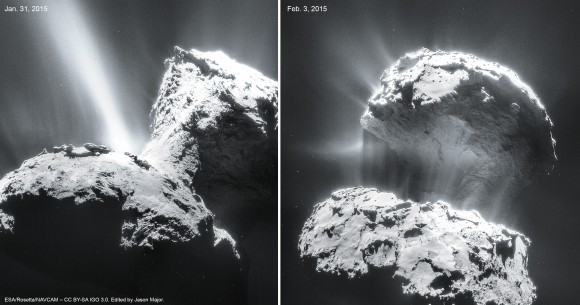 Jet activity on Comet 67P/C-G imaged on Jan. 31 and Feb. 3, 2015. Credits: ESA/Rosetta/NAVCAM – CC BY-SA IGO 3.0. Edit by Jason Major.