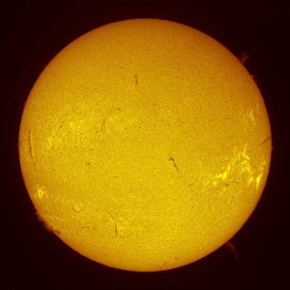 Hydrogen-alpha solar transit of Shenzhou-10 module docked to Tiangong-1, taken from Southern France on June 17, 2013 at 12:34:24 UT. Credit and copyright: Thierry Legault. 