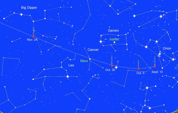 New Comet Lovejoy starts out slow but quickly gains speed as it crosses from near Orion in mid-September to Ursa Major in November, when it will be closest to Earth. Created with Chris Marriott's SkyMap software
