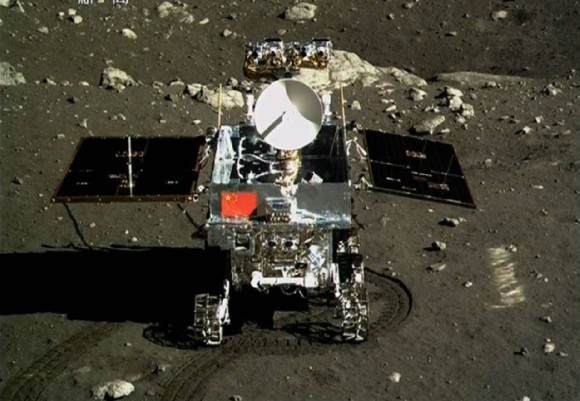 Yutu rover emblazoned with Chinese Flag as seen by the Chang'e 3 lander on the moon on Dec. 15, 2013.  Credit: China Space