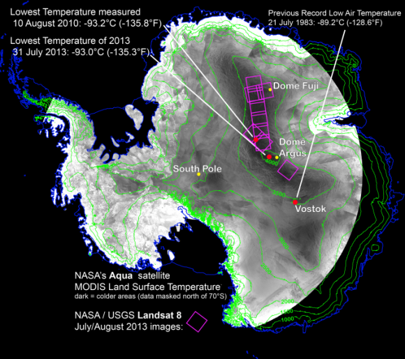 With remote-sensing satellites, scientists have found the coldest places on Earth, just off a ridge in the East Antarctic Plateau. The coldest of the cold temperatures dropped to minus 135.8 F (minus 93.2 C) -- several degrees colder than the previous record. Image Credit: Ted Scambos, National Snow and Ice Data Center.
