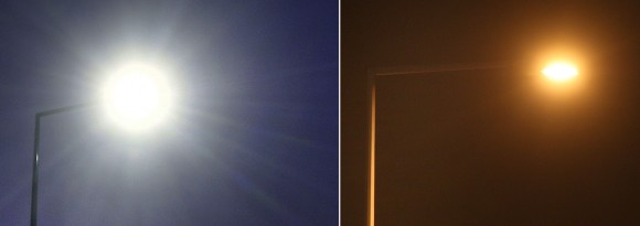 Comparison of lighting colors and intensity of the new LED streetlights (left) and the older high-pressure sodium vapor lamps.