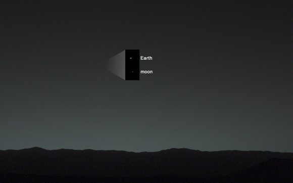 Annotated evening-sky view taken by NASA's Mars rover Curiosity shows the  Earth and Earth's moon - enlarged in inset - as seen on Jan. 31, 2014, or Sol 529 shortly after sunset at the Dingo Gap sand dune.  Credit: NASA/JPL-Caltech/MSSS/TAMU