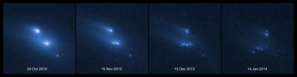 This series of images shows the asteroid P/2013 R3 breaking apart, as viewed by the NASA/ESA Hubble Space Telescope in 2013. This is the first time that such a body has been seen to undergo this kind of break-up.  Credit: NASA, ESA, D. Jewitt (UCLA).
