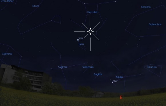 The rising Lyrid radiant, looking to the north east at 2AM local from latitude 30 degrees north. Created using Stellarium.