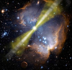 This artist's impression of a gamma-ray burst shows the two intense beams of relativistic matter emitted by the black hole. To be visible from Earth, the beams must be pointing directly towards us. (Image: NASA/Swift/Mary Pat Hrybyk-Keith and John Jones)