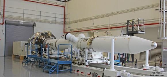 Launch Abort System (LAS) for Orion EFT-1 on view horizontally inside the Launch Abort System Facility at the Kennedy Space Center, Florida, prior to installation atop the crew module. Credit: Ken Kremer/kenkremer.com