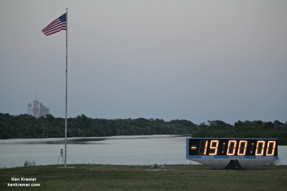 Space Shuttle Discovery awaits blast off on her final mission from Pad 39 A on the STS-133 mission, its 39th and final flight to space on February 24, 2011. Prelaunch twilight view from the countdown clock at the KSC Press Site. Credit: Ken Kremer – kenkremer.com