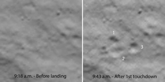 Close-up do primeiro site de aterrissagem antes Philae desembarcada (esquerda) e depois mostra claramente as impressões de seus três coxins em solo empoeirado do cometa.  Os tempos são CST.  3,3 pés de Philae (1-m) de diâmetro.  Crédito: ESA