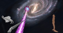 A new research paper reveals more details of the effect gamma ray bursts (GRB) have had on the development of complex life throughout the cosmos. Illustration depicts a beam from a GRB as might have been directed toward early life on Earth during the Cambrian or Ordovician periods, ~500 million years ago. (Illustration Credit: T. Reyes)