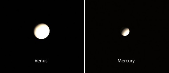 Through a telescope both Venus and Mercury are in gibbous phase with Venus more fully filled out. Both are also very small with Venus about 10 arc seconds and Mercury 6 seconds across. Source: Stellarium